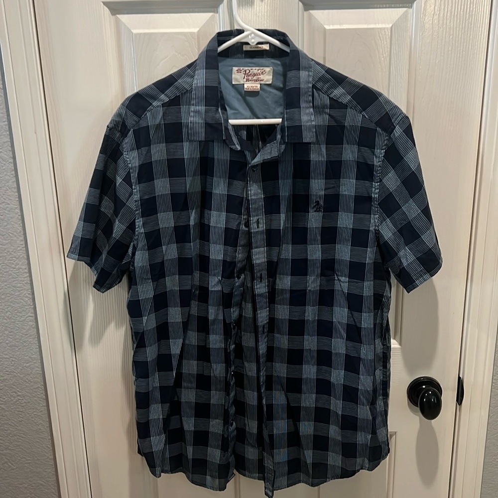 Original Penguin Short Sleeved Button-Up XL Plaid Blue Shirt